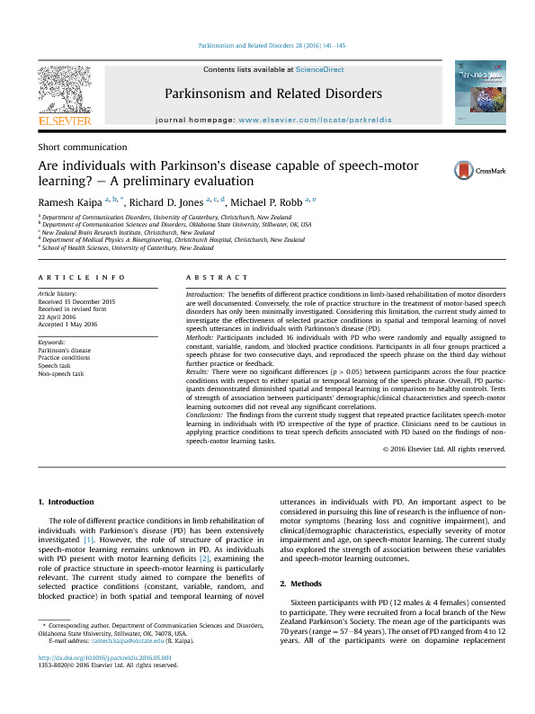 Download  Are individuals with Parkinson’s disease capable of speech-motor learning? - A preliminary evaluation.